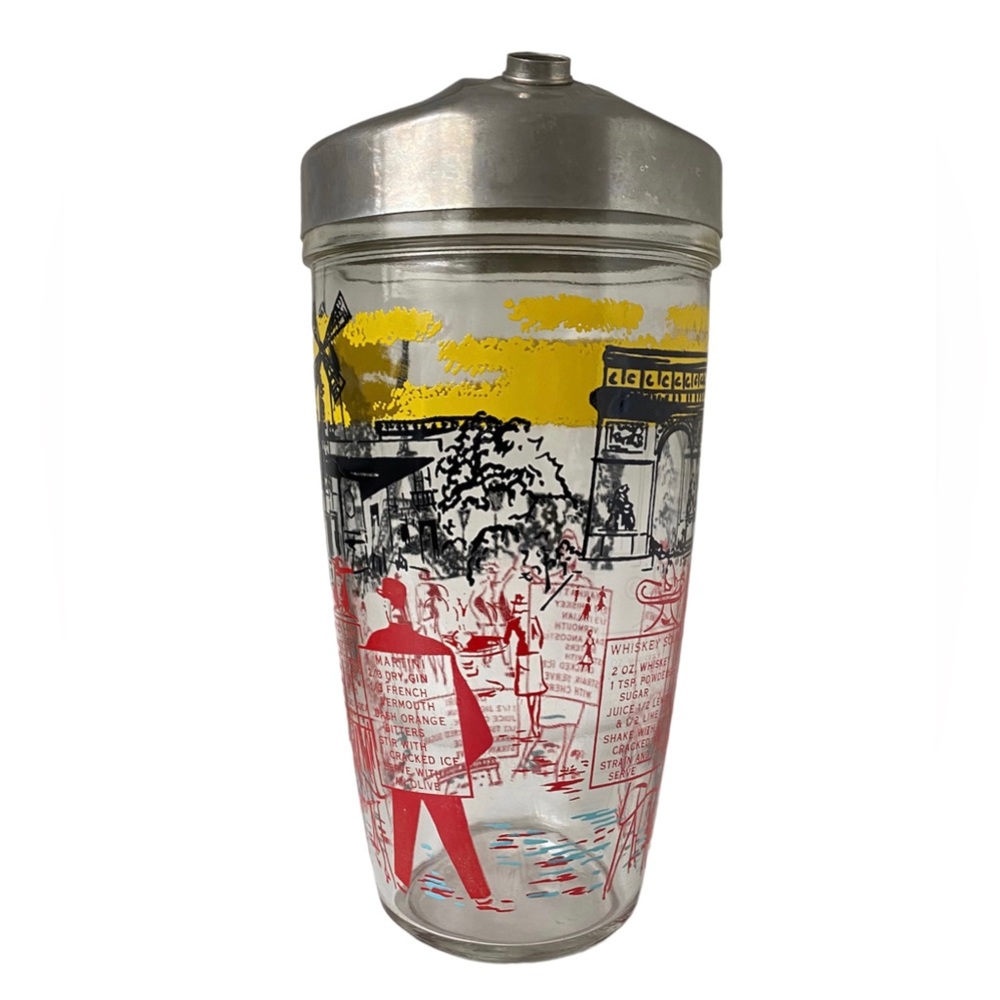 Vintage Bloomfield Industries Red Yellow MCM Paris Glass Cocktail Shaker W/Lid. - Picture 5 of 5